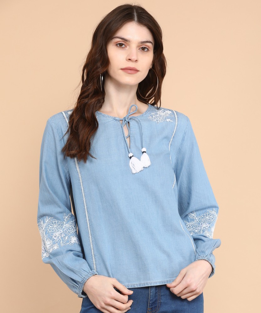 Pepe Jeans Casual Puff Sleeve Embroidered Women Blue Top - Buy Pepe Jeans  Casual Puff Sleeve Embroidered Women Blue Top Online at Best Prices in  India