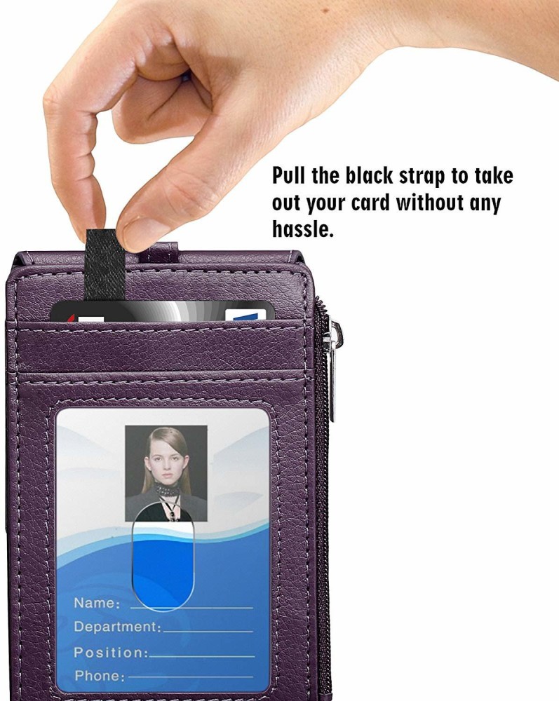 ELV Badge Holder with Zipper PU Leather ID Badge Card Holder Wallet with 5 Card Slots 1 Side RFID Blocking Pocket and 20' Neck Lanyard/Strap for Offic