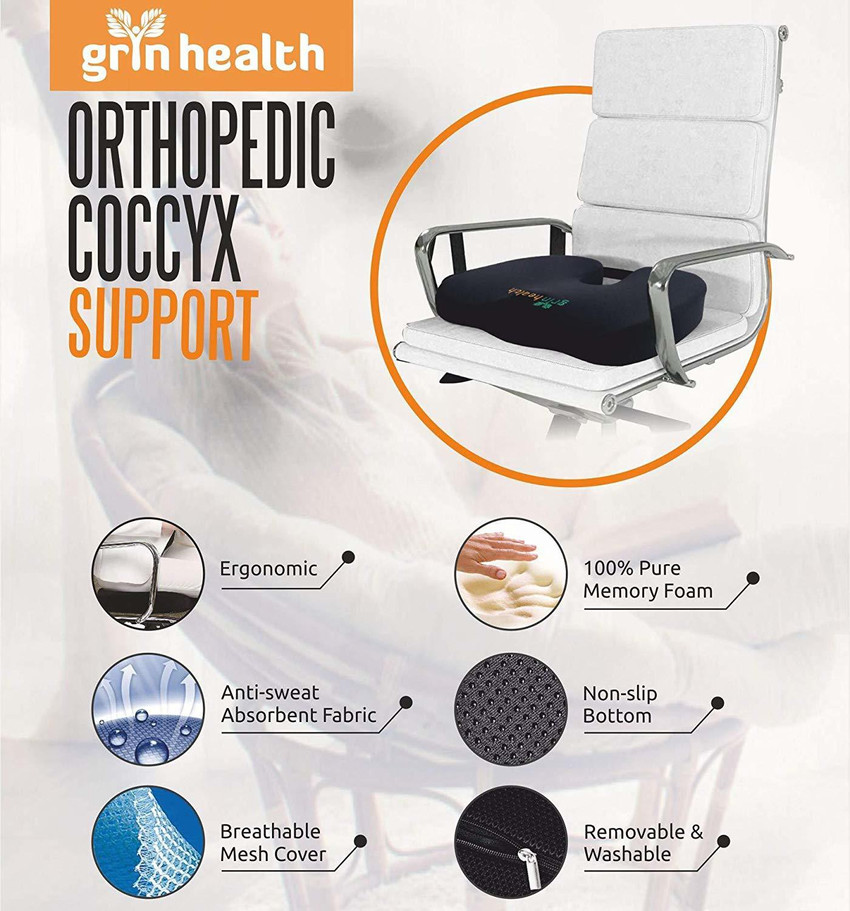 Grin Health Non Slip Coccyx U Seat Cushion for Car Seat Helps