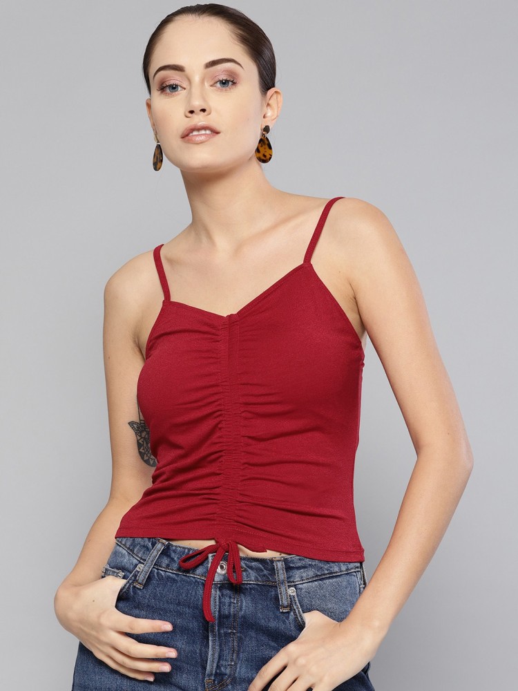 Buy Casual No Sleeve Solid Women Red Top L at