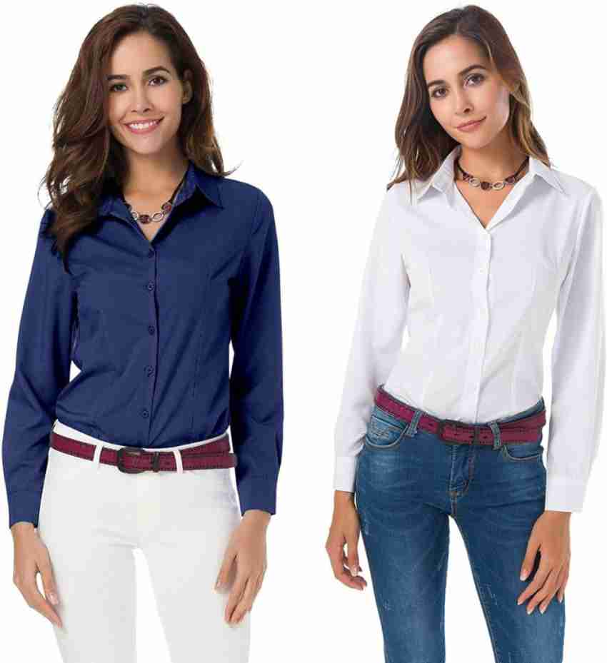 blue look Women Solid Casual White, Blue Shirt - Buy blue look