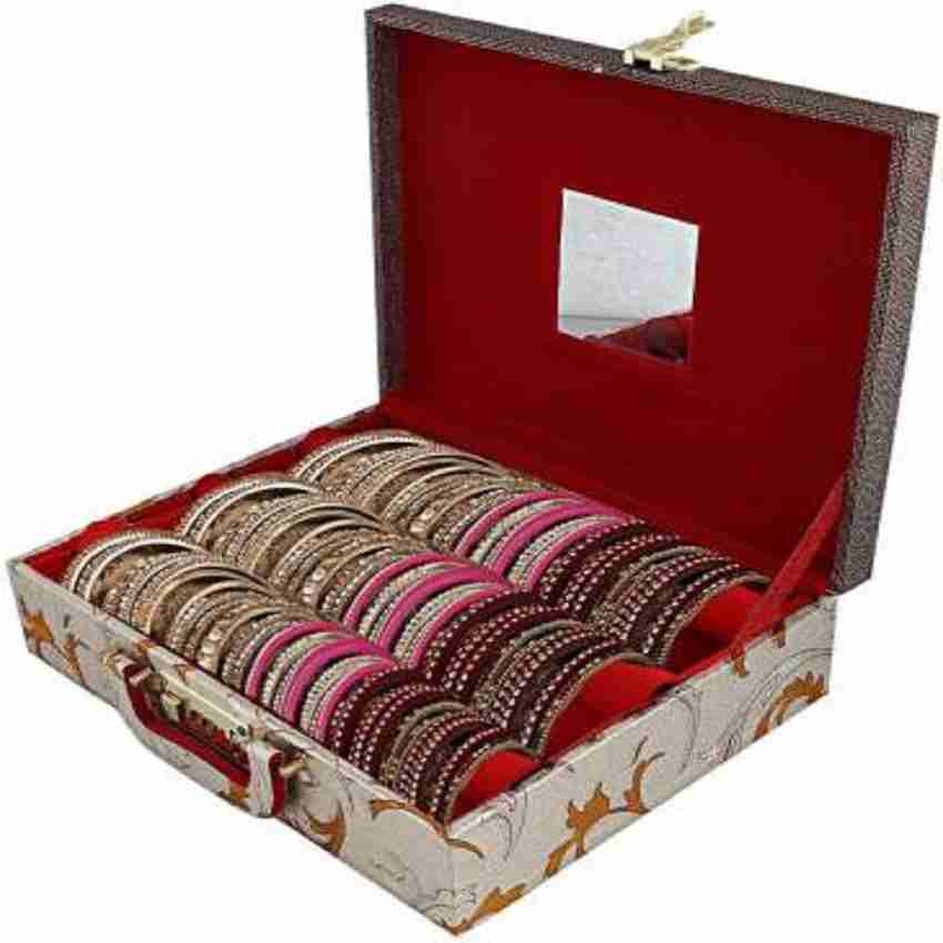 Paru craft floral Design Wooden Three Rod Bangle Storage Box Gold