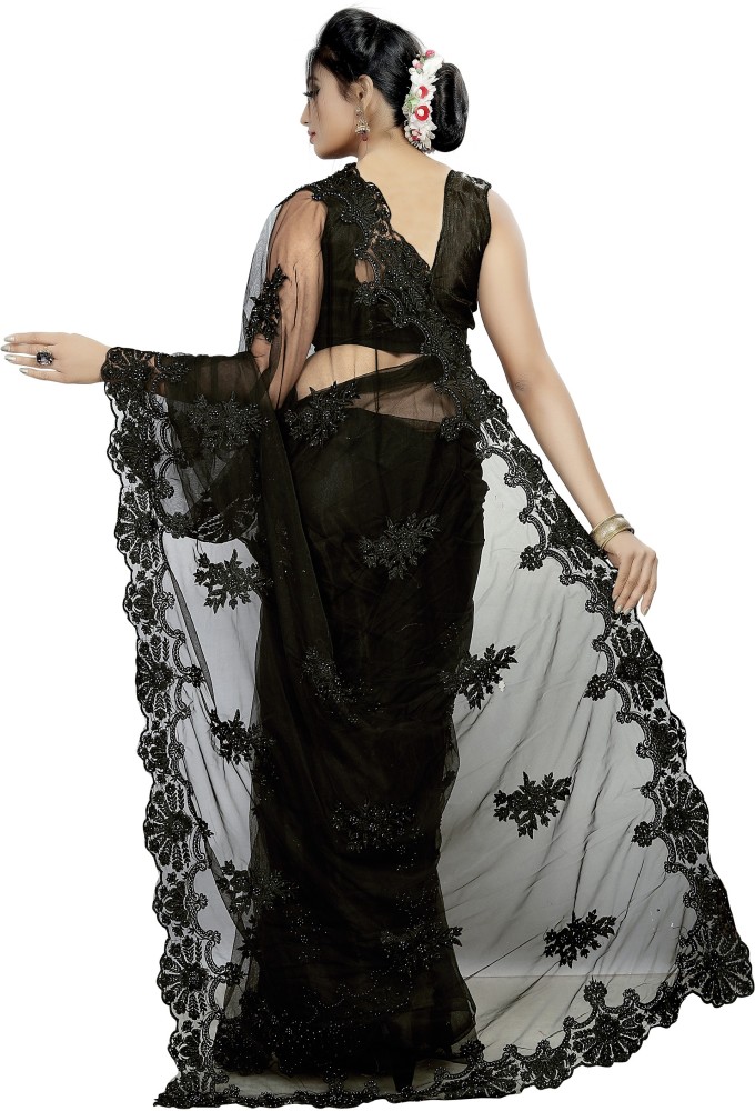 Buy GLEAMRUSH Embroidered Bollywood Net Black Sarees Online @ Best