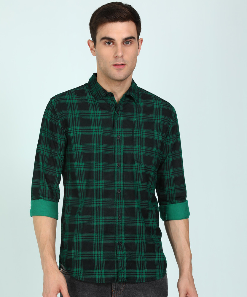 Wrangler Men Checkered Casual Green Black Shirt