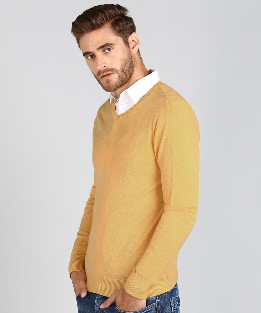 NUMERO UNO Solid V Neck Casual Men Yellow Sweater Buy NUMERO UNO