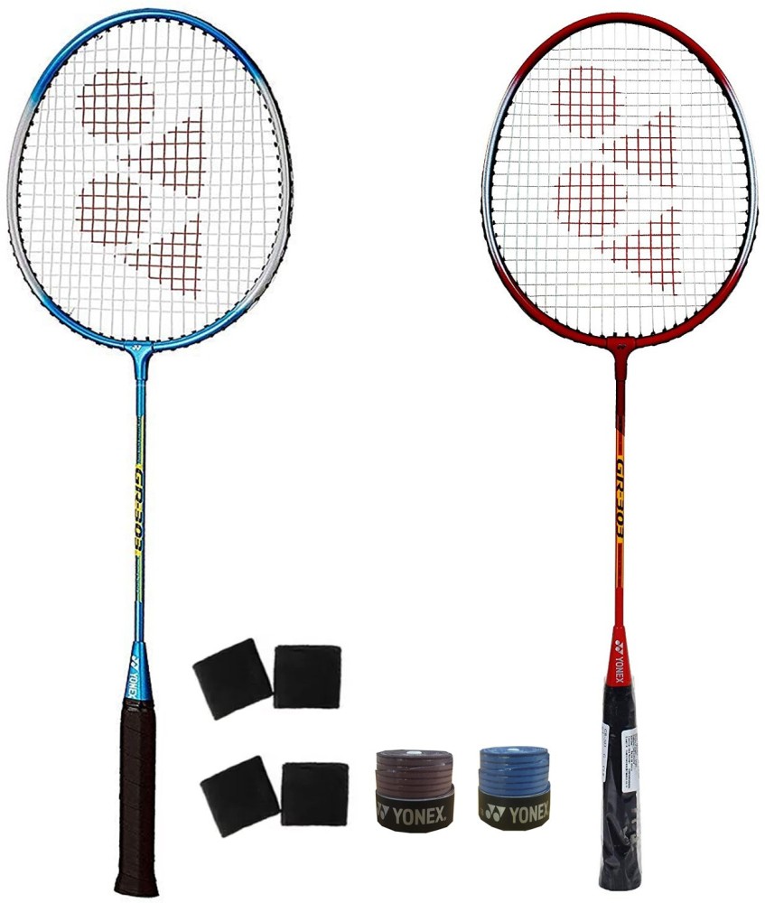 YONEX Combo of 8, 2 GR-303 Racquet, 2 Etec Super Grip, 4 Wrist Band Badminton Kit