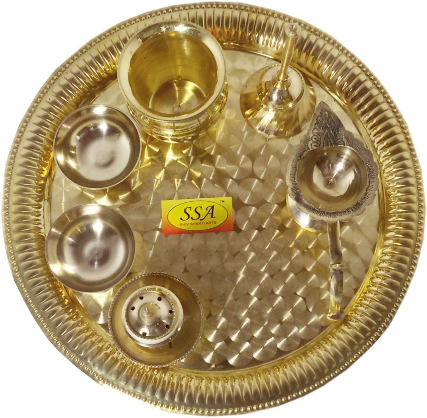 Diwali Navratra Spacial Brass Pooja Thali Set (7 Pcs = 1 Karvi Pooja Plate,  1 Ghanti,Kuber Diya,1 Jal Patra,1 Agardaan,2 Roli Chawal Katori