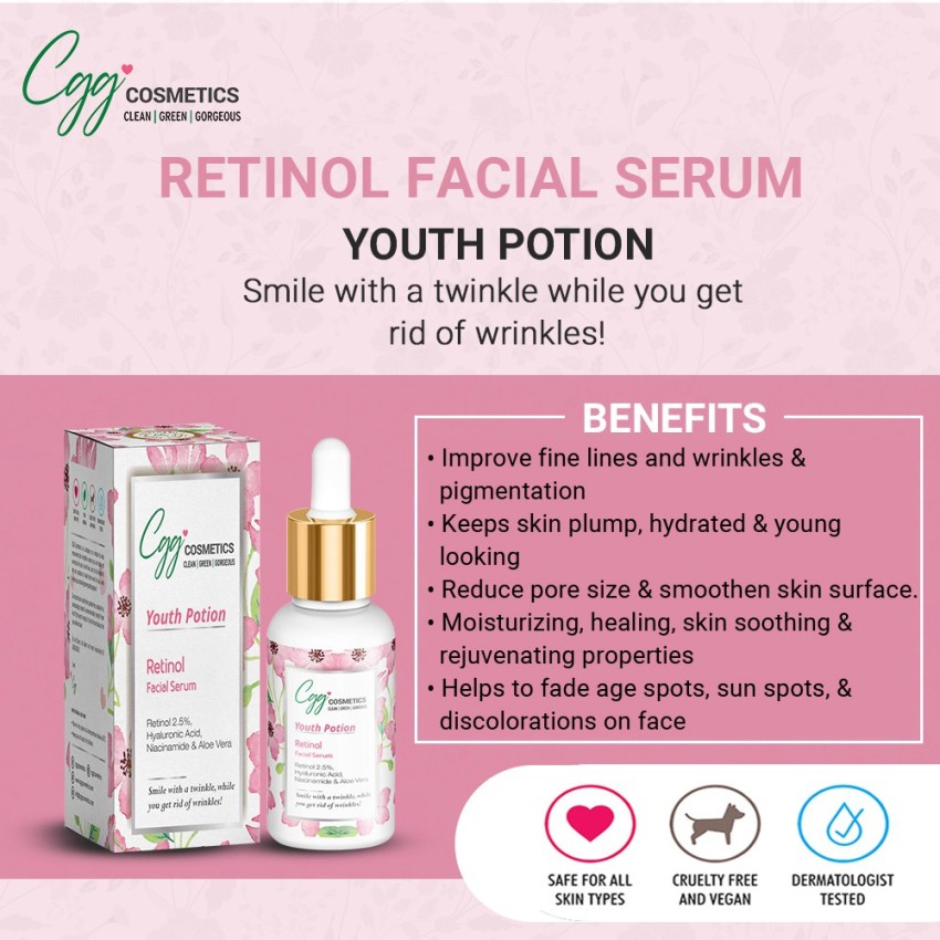 CGG Cosmetics Retinol 2.5%, Hyaluronic Acid, Niacinamide & Aloe Vera Facial  Serum – Anti Aging/Wrinkle Serum – 30ml Price in India - Buy CGG Cosmetics Retinol  2.5%, Hyaluronic Acid, Niacinamide & Aloe