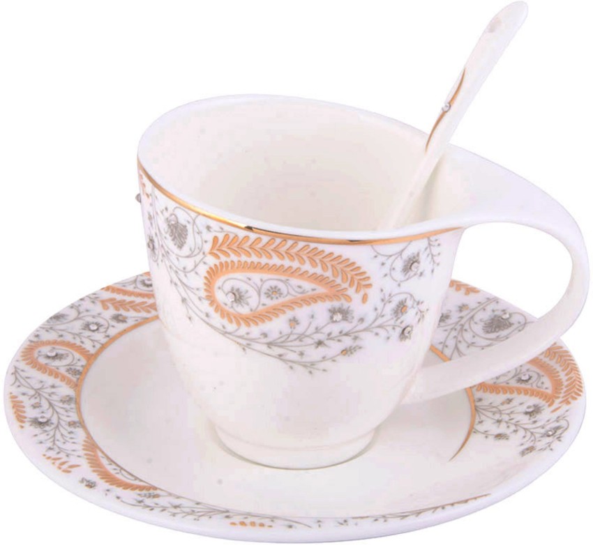 Goodhomes Porcelain Tea/Coffee Cup & Saucer with Gold Print (Set