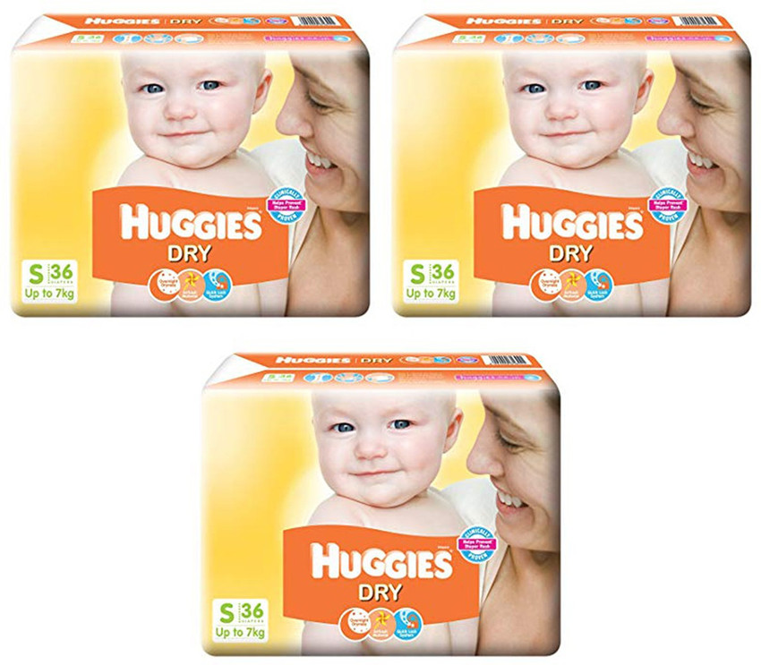 Huggies BABY DRY TAPE DIPERS SIZE SMALL 36 PCs. PACK COMBO OF 3