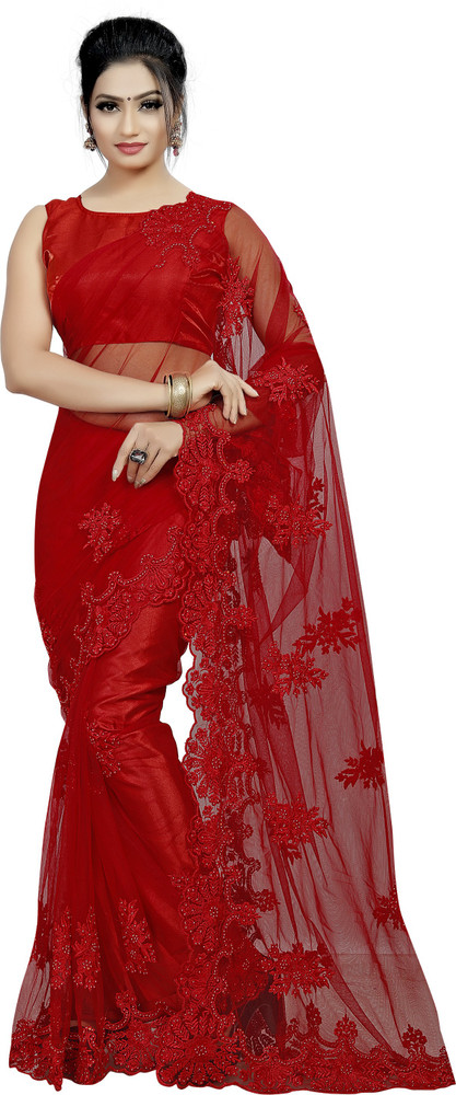 Buy DELIZIA Embroidered Bollywood Net Red Sarees Online Best