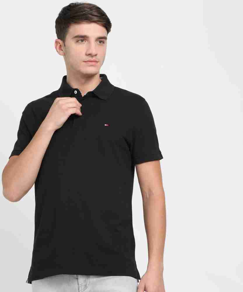 HILFIGER Solid Men Polo Neck Black T-Shirt - Buy TOMMY HILFIGER Solid Men Polo Neck Black T-Shirt Online Best Prices in India | Flipkart.com