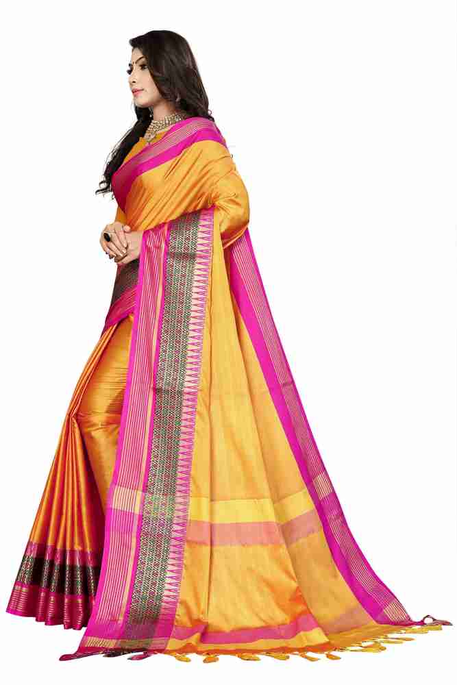 Buy W ETHNIC Color Block Striped Banarasi Cotton Silk Yellow