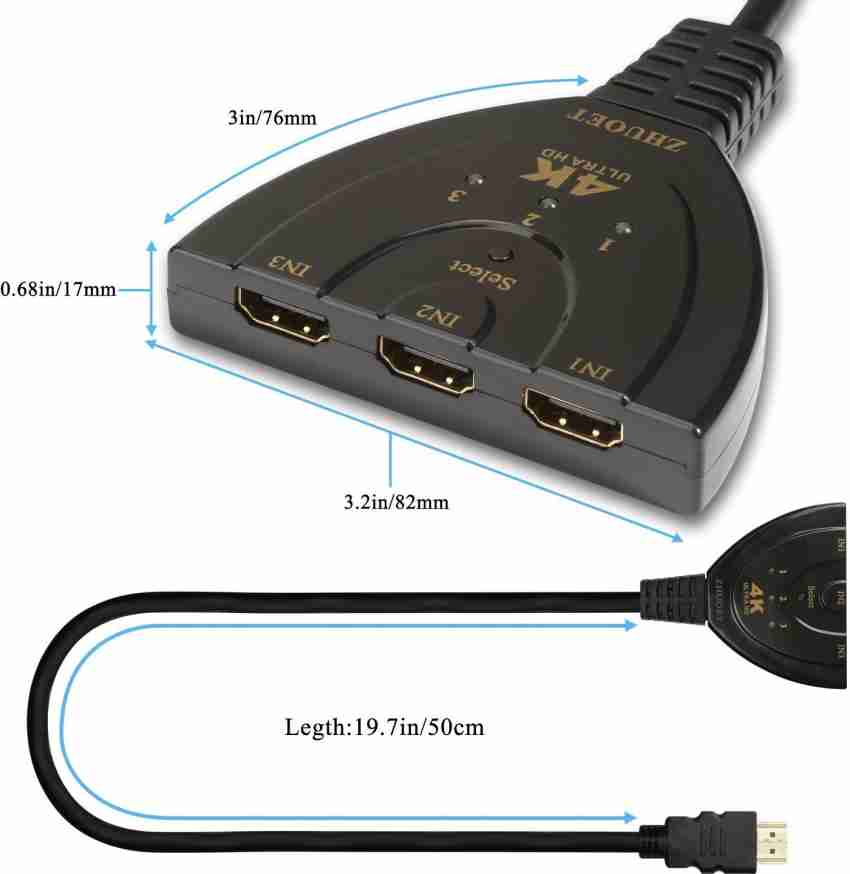 3-way HDMI switch with cable (3 in -1 out)