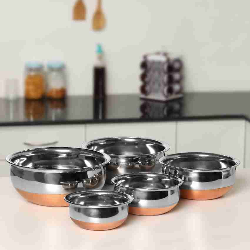 Stainless Steel Copper Bottom Kitchen Serving, Cooking Bowl Handi Set  5-pieces Biryani Handi 