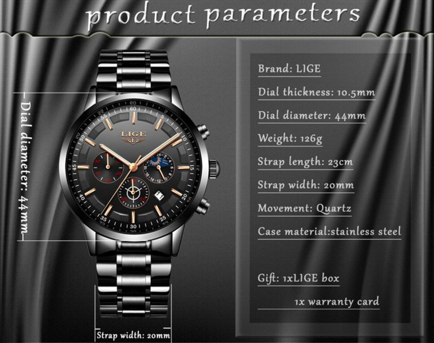 Lige 9877 Full Stainless Steel Multifunction Chronograph Moonphase