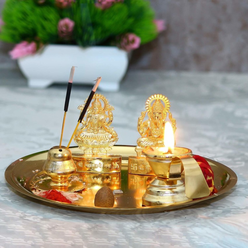 Shop Brass Om Laxmi Ganesh Pooja Thali Set of 7 Piece