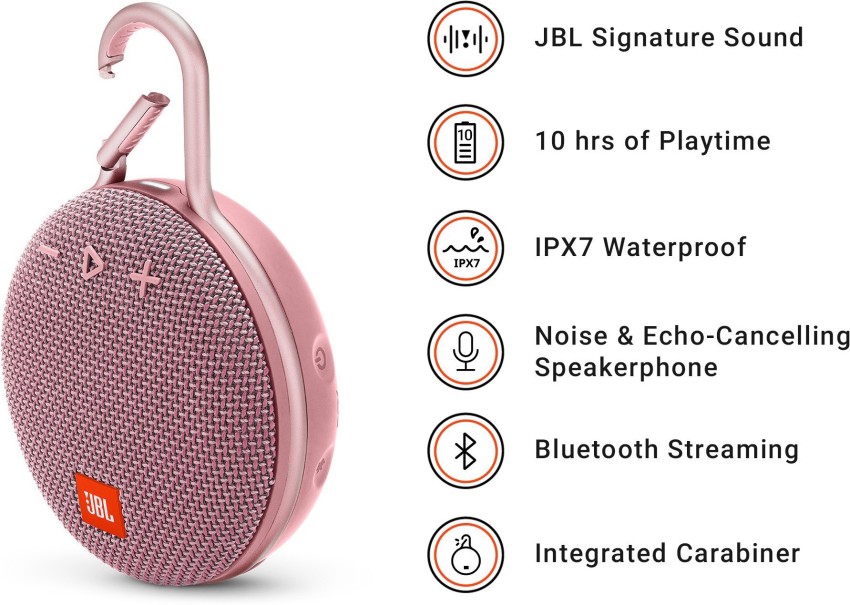 JBL Clip 3, Dusty Pink - Waterproof, Durable & Portable Bluetooth Speaker -  Up to 10 Hours of Play - Includes Noise-Cancelling Speakerphone & Wireless