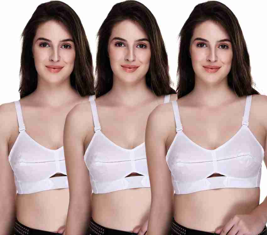 Women's Moving Cotton Straps Full Coverage Non Padded Cotton Bra (White)  Pack of 3