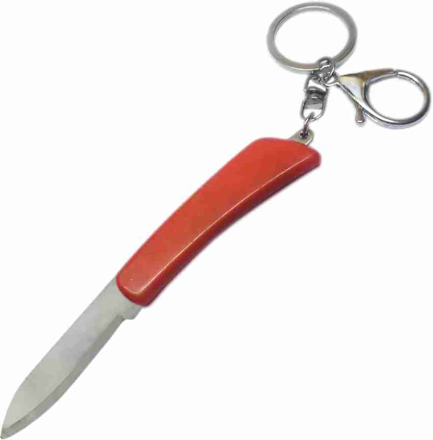 A SET OF TWO: A RED DICE KEYCHAIN & A BROWN MONOGRAM POCKET KNIFE