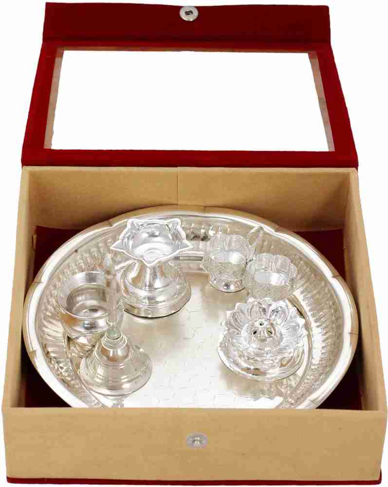 Flipkart SmartBuy Silver Plated 5 Piece Pooja Thali Set with Gift Box Brass  Price in India - Buy Flipkart SmartBuy Silver Plated 5 Piece Pooja Thali  Set with Gift Box Brass online at