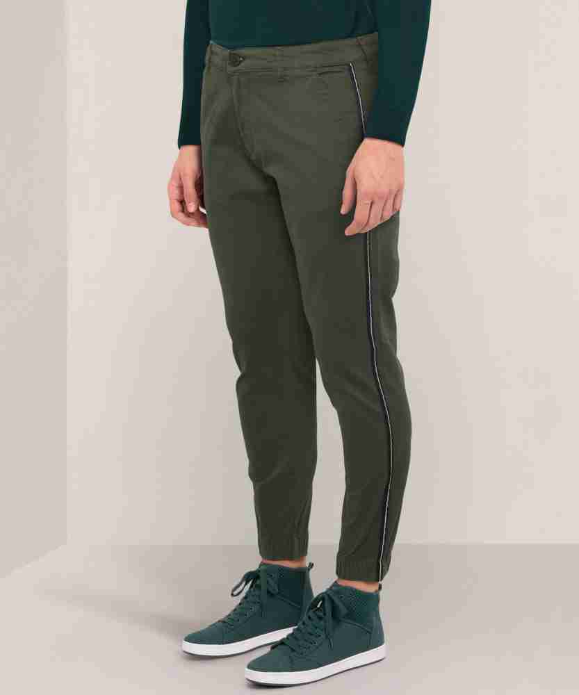 Spykar Olive Green Cotton Slim Fit Tapered Length Trousers For Men