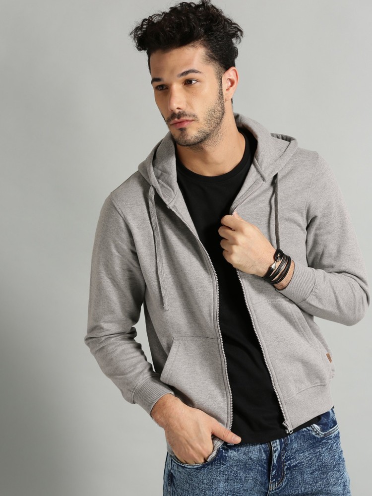 Roadster Men Grey Melange Solid Hooded Sweatshirt