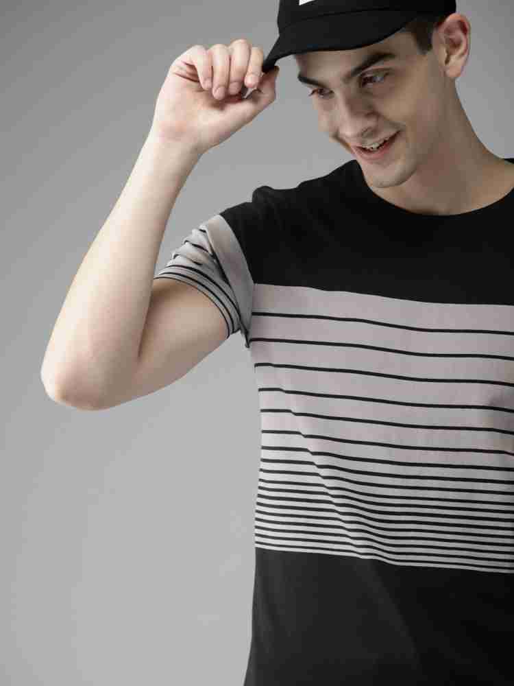 HERE&NOW Striped Men Round Neck Black, Grey T-Shirt - Buy HERE&NOW