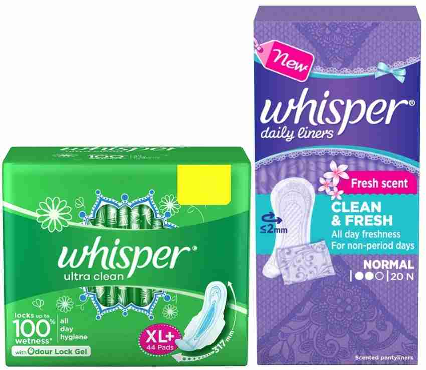 Whisper Ultra Clean Sanitary Pads XL Plus 44 Pc Panty Liners 20s