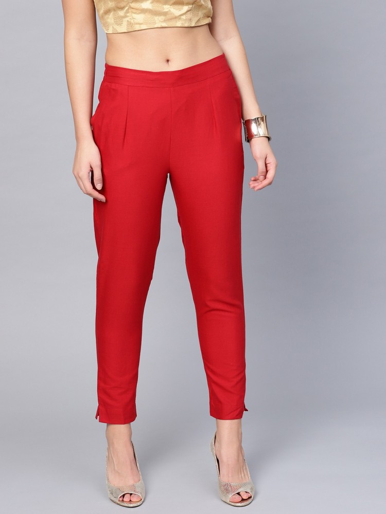 Smart casual red cotton silk narrow fitted trouser  Sujatra