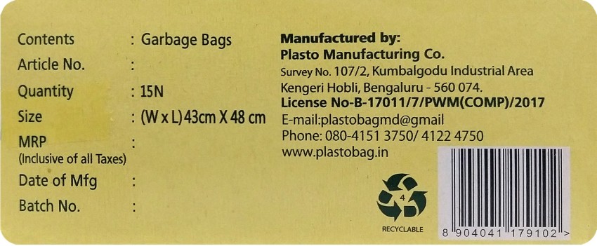 Plastobag Garbage Bags XL Garbage Bag (Black, 15) Set Of 12, (MRP 115.00  Rs)