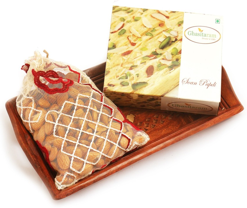 Ghasitaram Gifts Hampers-Small Wooden Serving Tray with Soan Papdi