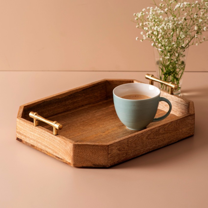 Buy Teak Wood Tray with Golden Handle Online in India - Nestroots