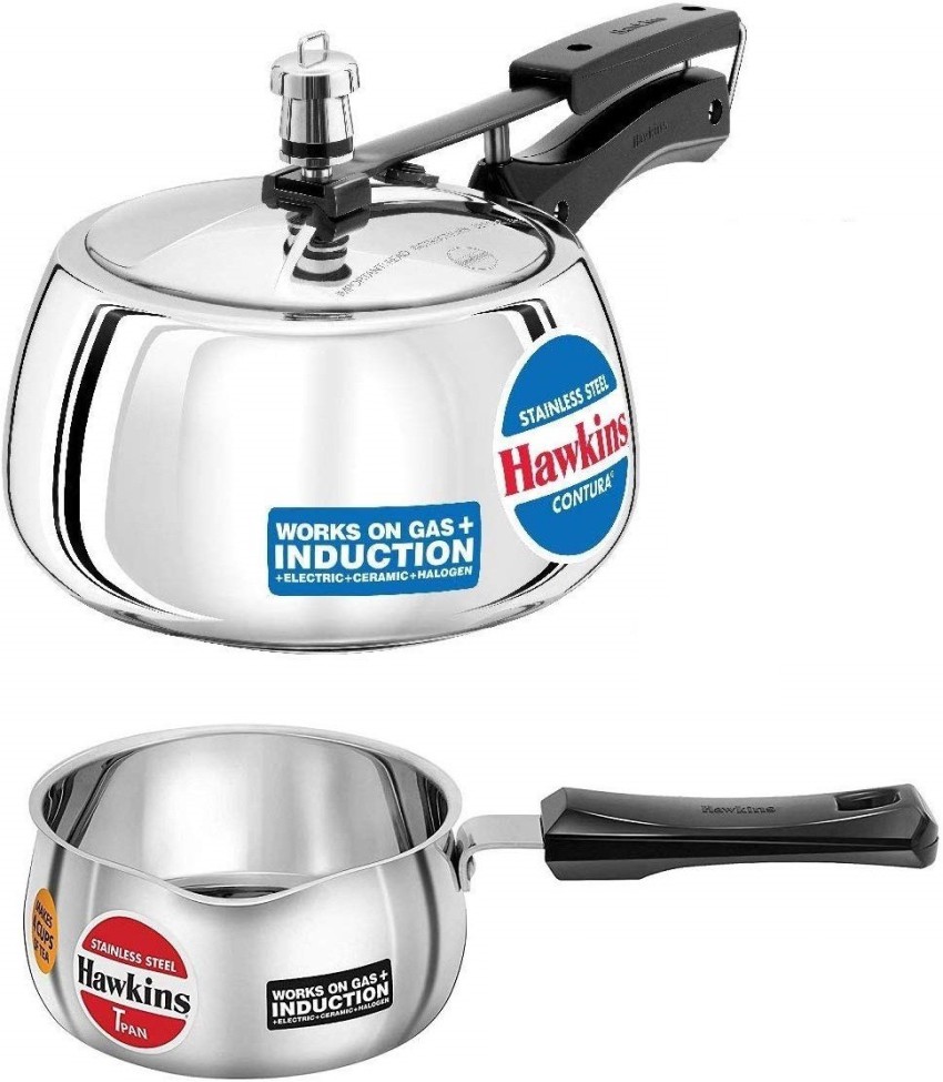 Hawkins Stainless Steel Contura Pressure Cooker 1.5 L and Tpan Sauce Pan 1 L Induction Bottom Cookware Set Price in India Buy Hawkins Stainless Steel Contura Pressure Cooker 1.5 L and Tpan Sauce