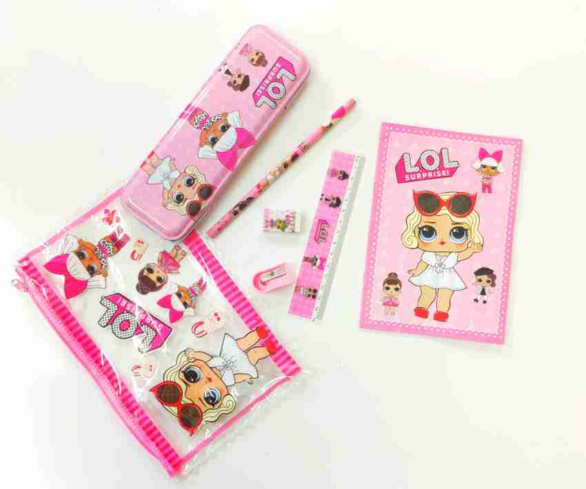 R H lifestyle LOL surprise 6pcs Stationery Gift Set with Metal Pencil Box Pencil Eraser Sharpener Scale and Notebook for Kids LOL surprise 6pcs Stationery Gift Set with Metal Pencil Box Pencil