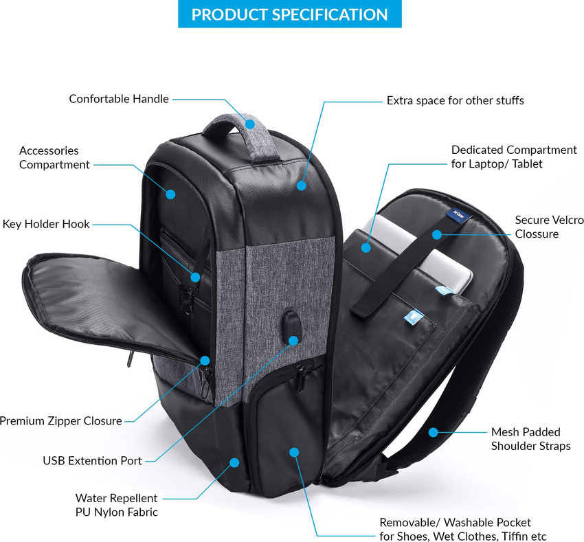 AirCase Waterproof Anti Theft Laptop Bag with USB Charging Port 30