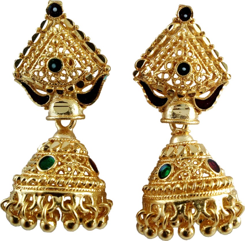 Red Gold Tone Temple Jhumki Earrings  crystaljewelleryindia