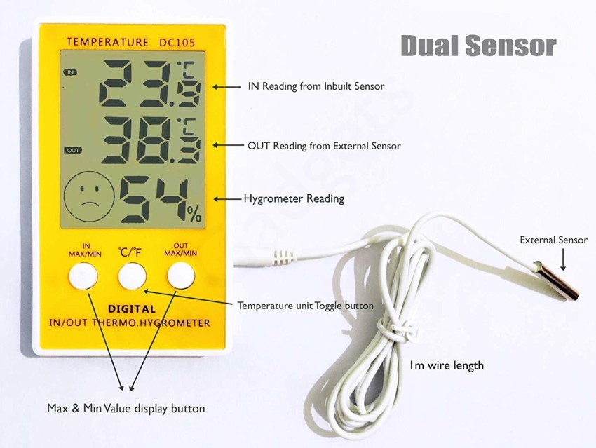 DC105 LCD Digital Thermometer Hygrometer Temperature Humidity Meter W/ Wired  External Sensor - Buy DC105 LCD Digital Thermometer Hygrometer Temperature  Humidity Meter W/ Wired External Sensor Product on