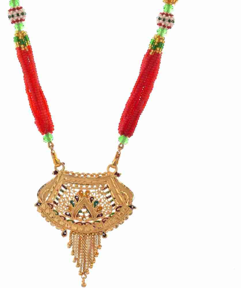Weldecor Traditional Designer Pendant Mangalsutra with Red & Green