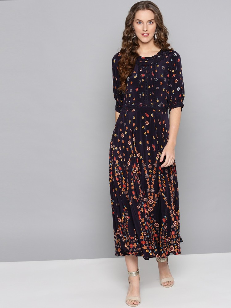 Buy Black Floral Print Maxi Dress Online - Label Ritu Kumar