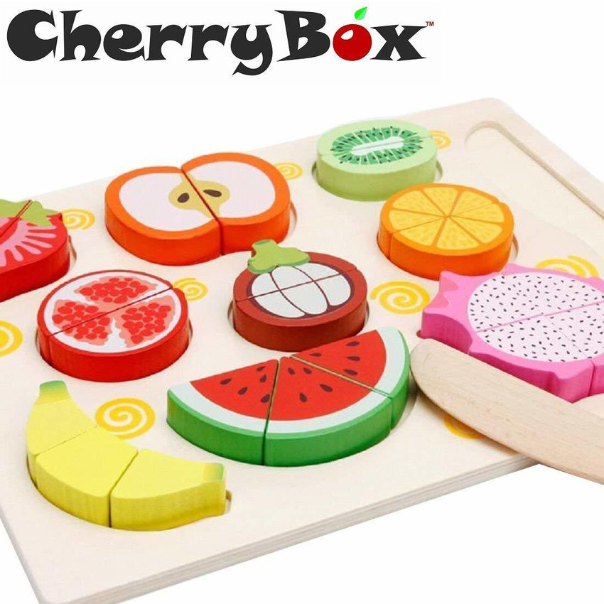 CherryBox Wooden Fruit Cutting Game Toy for Kids Educational Board