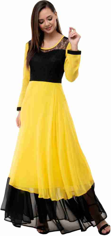 KARMIC VISION Women Maxi Black Yellow Dress