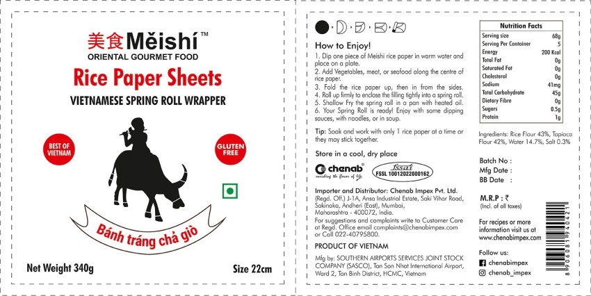 Meishi Vietnamese Gluten Free Spring Rice Paper Roll, 340gm (22 cm), Edible  Rice Paper Sheets