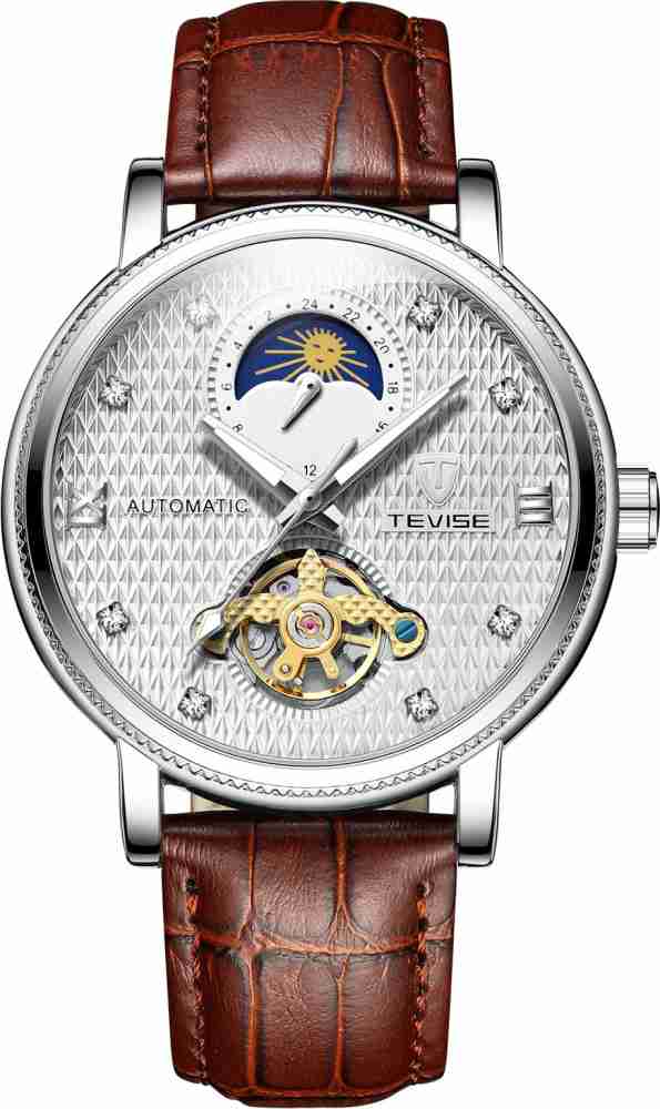 Tevise Mechanical Automatic Moon Phase Tourbillion Brown Leather