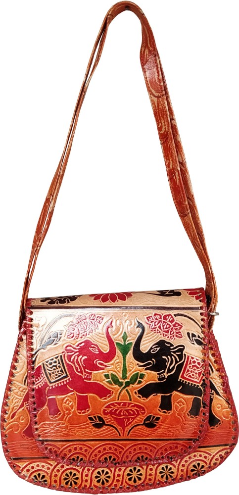 Crafts of India Royal Elephants antique Design 100% Genuine Pure  Shantiniketan Leather Shoulder Bag