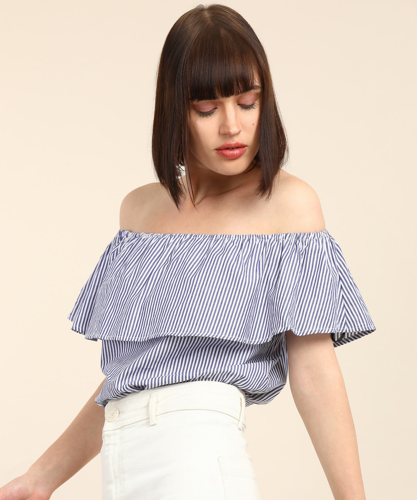 FOREVER 21 Casual Cold Shoulder Striped Women Blue Top Buy