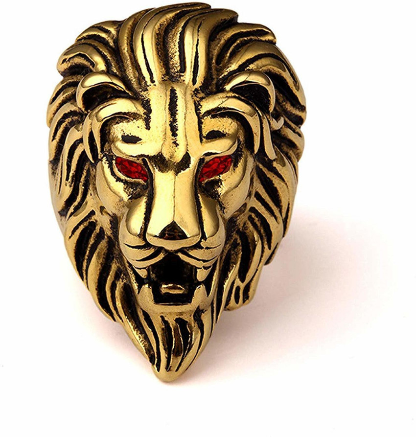 Xhotic Men Women Lion Head Ring with Red Stone Eyes Gold 0200