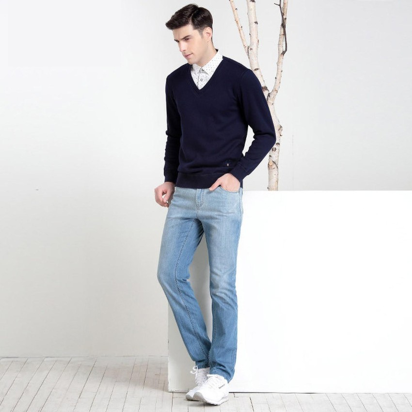 Dark blue sweater hot sale outfit men