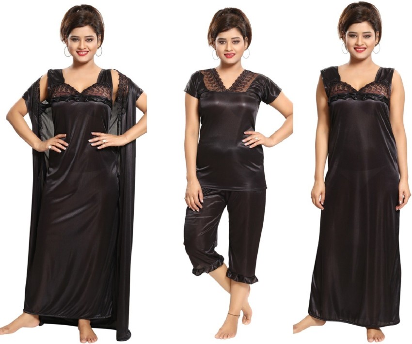 Buy REPOSEY Women's Satin Solid Maxi Length Nighty with Robe