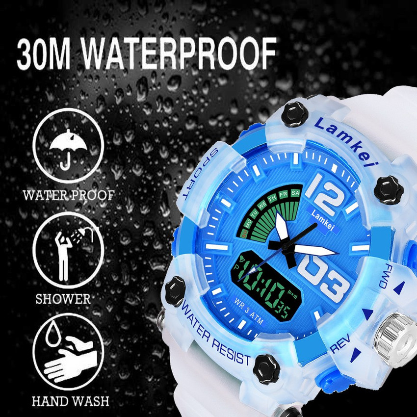 LAMKEI LAM 1275 Digital Watch for Men Fashion Luxury Casual Analogue Digital Multifunction Blue Dial Transparent White Synthetic Strap Stylish Latest Men s Sports Watch Analog Digital Watch For Men Bu...